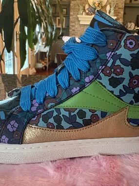 Coach Blue Floral High-Top Sneaker with Green & Gold Panels